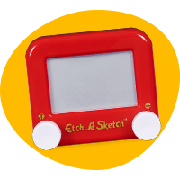 Image of an Etch A Sketch inside of a yellow circle.